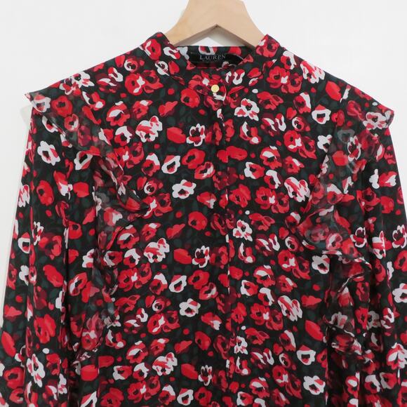 Lauren Ralph Lauren Women Sz L Red Black Floral Ruffle Long Sleeve Button Down - Picture 3 of 9
